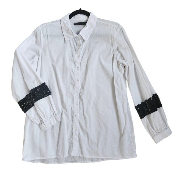 SIMON CHANG POP CRISP WHITE BUTTON DOWN SHIRT W/ BLACK SEQUINS SIZE LARGE - Picture 1 of 4